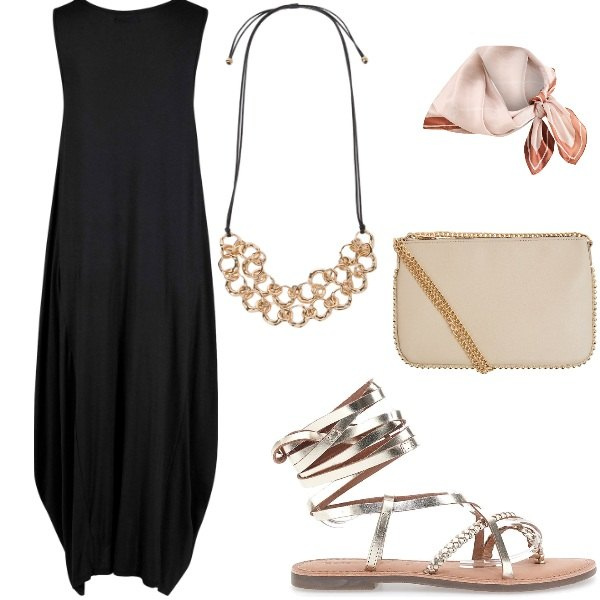 Outfit donna - Le serate di luglio. Stile Casual chic per Serata fuori. Abbinamento con vestiti lunghi, borse a tracolla, foulard, sandali alla schiava, collane.