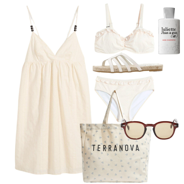 Outfit donna - Luglio avorio. Stile Bon Ton per Mare. Abbinamento con bikini, ciabatte, vestiti corti, profumi, shopping bag, occhiali da sole.