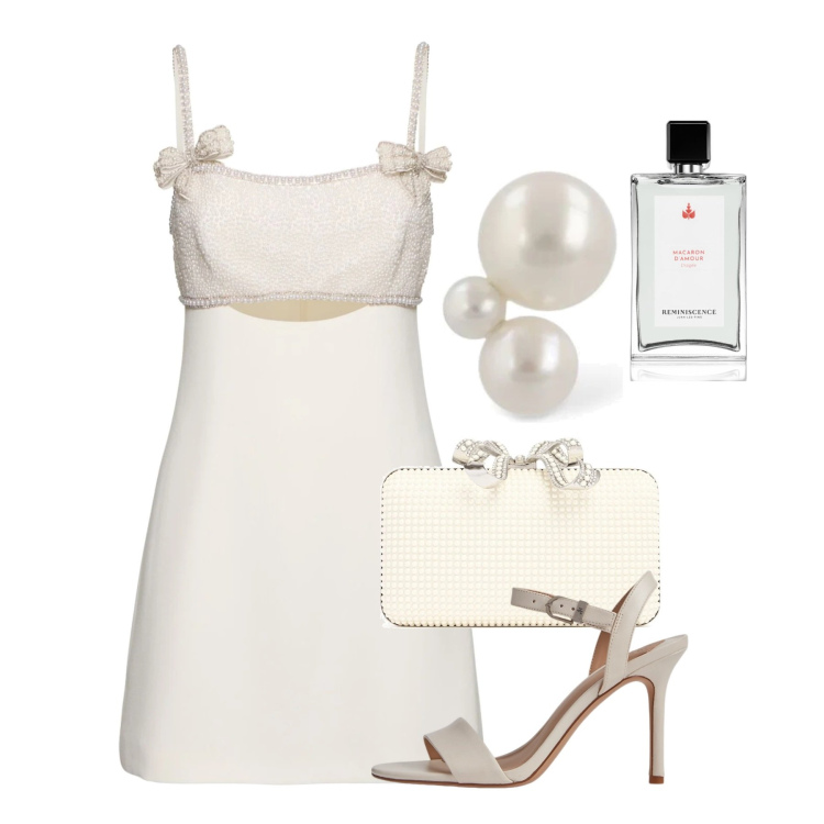 Outfit donna - Damigella in bianco. Stile Bon Ton per Cerimonia. Abbinamento con profumi, sandali in pelle, orecchini, pochette, vestiti.