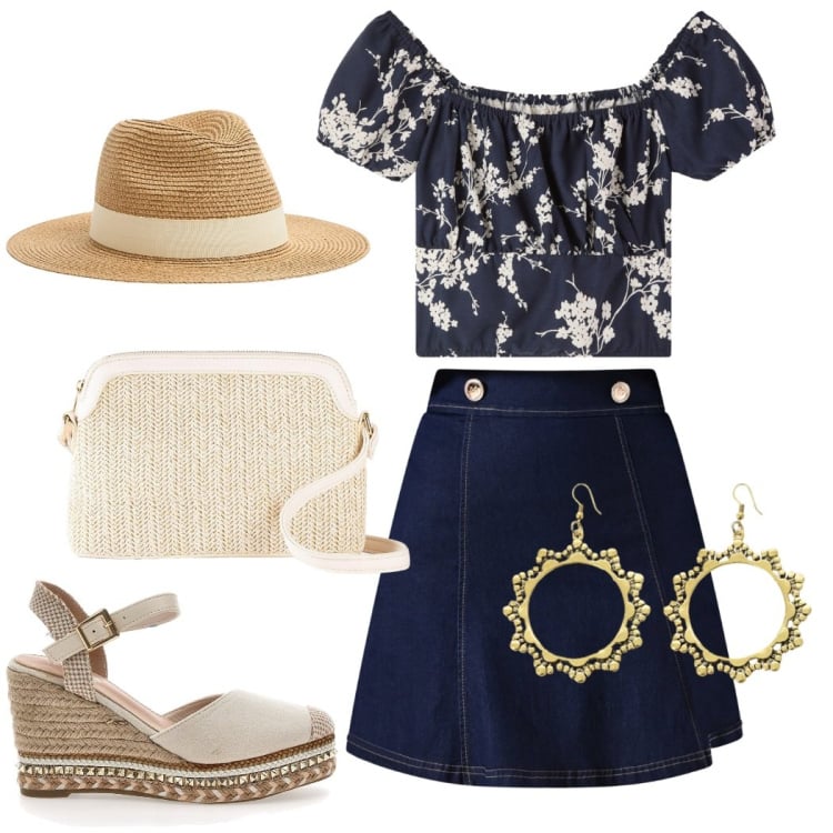 Outfit donna - Total look #2196313. Stile Casual chic per Tutti i giorni. Abbinamento con borse a tracolla, bluse, cappelli, minigonne, orecchini, zeppe.