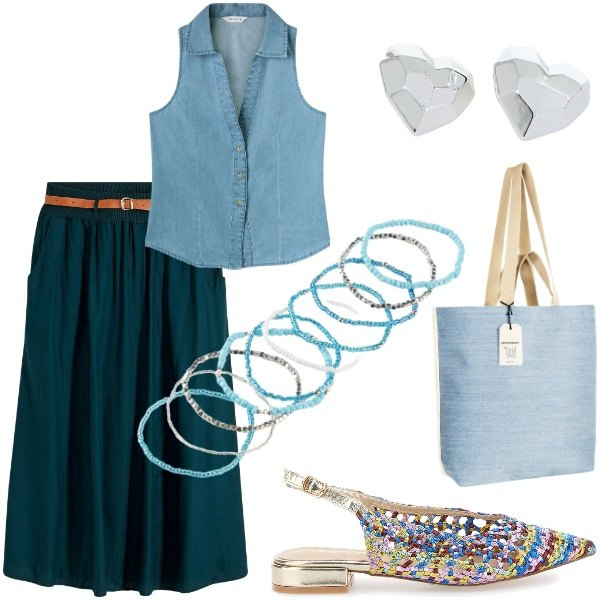 Outfit donna - Le serate di Luglio. Stile Casual chic per Serata fuori. Abbinamento con gonne lunghe, braccialetti, camicie, borse tote, orecchini, ballerine.