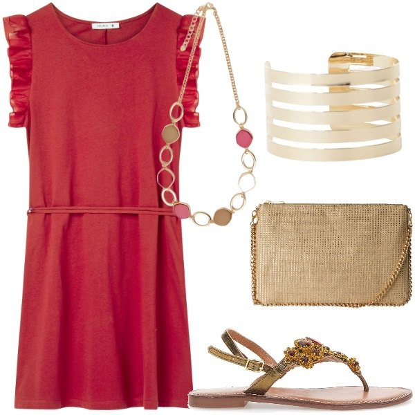 Outfit donna - Serata tra amici. Stile Casual chic per Serata fuori. Abbinamento con vestiti, borse a tracolla, braccialetti, collane, sandali gioiello.