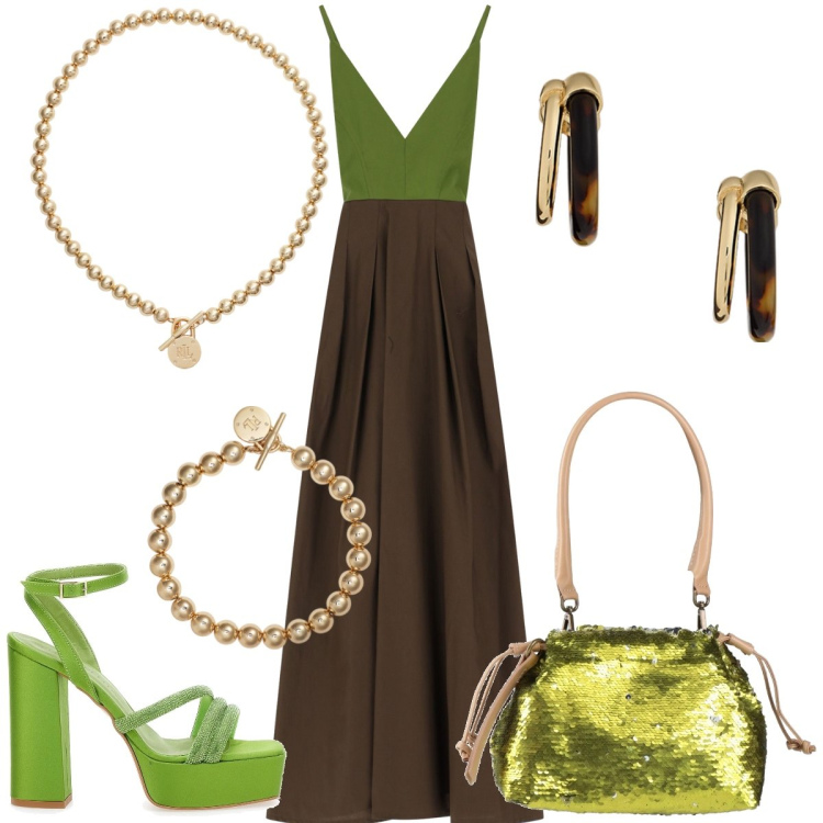 Outfit donna - Serata estiva. Stile Boho per Serata fuori. Abbinamento con borse a mano, vestiti lunghi, collane, braccialetti, orecchini, sandali col tacco.