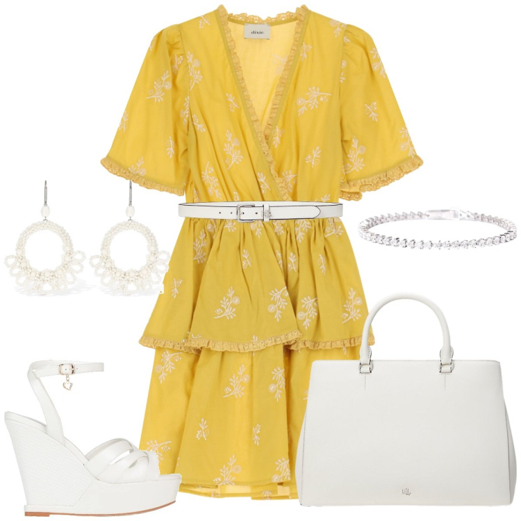 Outfit donna - Pomeriggio in città. Stile Romantica per Tutti i giorni. Abbinamento con sandali in pelle, braccialetti, vestiti corti, cinture, borse a mano, orecchini.