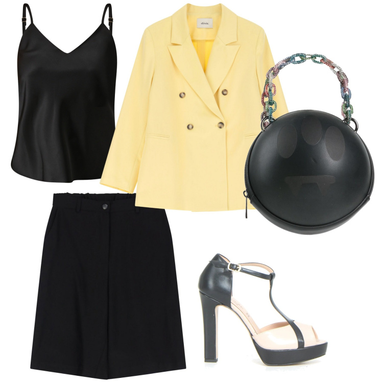 Outfit donna - Inaugurazione ristorante. Stile Casual chic per Serata fuori. Abbinamento con borse a mano, top, blazer, shorts, sandali col tacco.