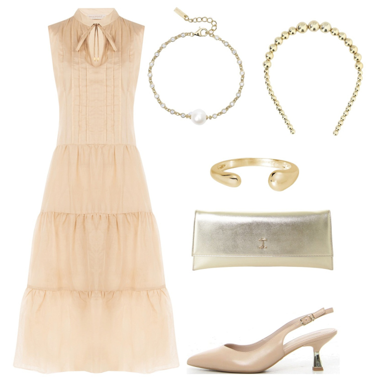 Outfit donna - Elegante e luminosa. Stile Romantica per Cerimonia. Abbinamento con pochette, cerchietti, braccialetti, anelli, vestiti senza maniche, décolleté.