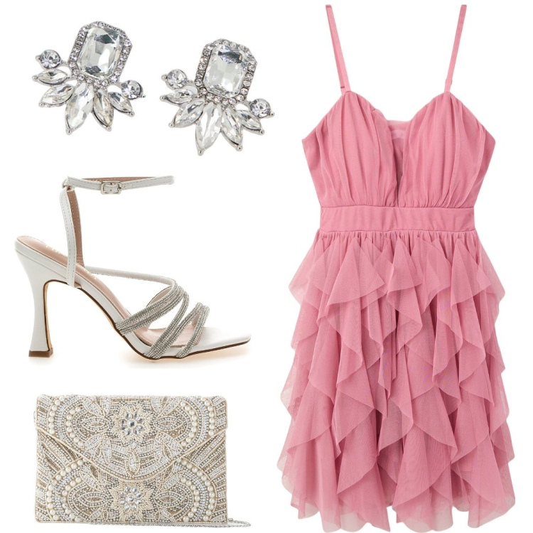 Outfit donna - La damigella. Stile Glamour per Cerimonia. Abbinamento con pochette, vestiti corti, orecchini, sandali gioiello.