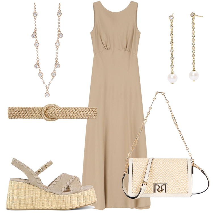 Outfit donna - Basic ma elegante. Stile Basic per Tutti i giorni. Abbinamento con cinture, collane, orecchini, borse a tracolla, vestiti lunghi, zeppe.