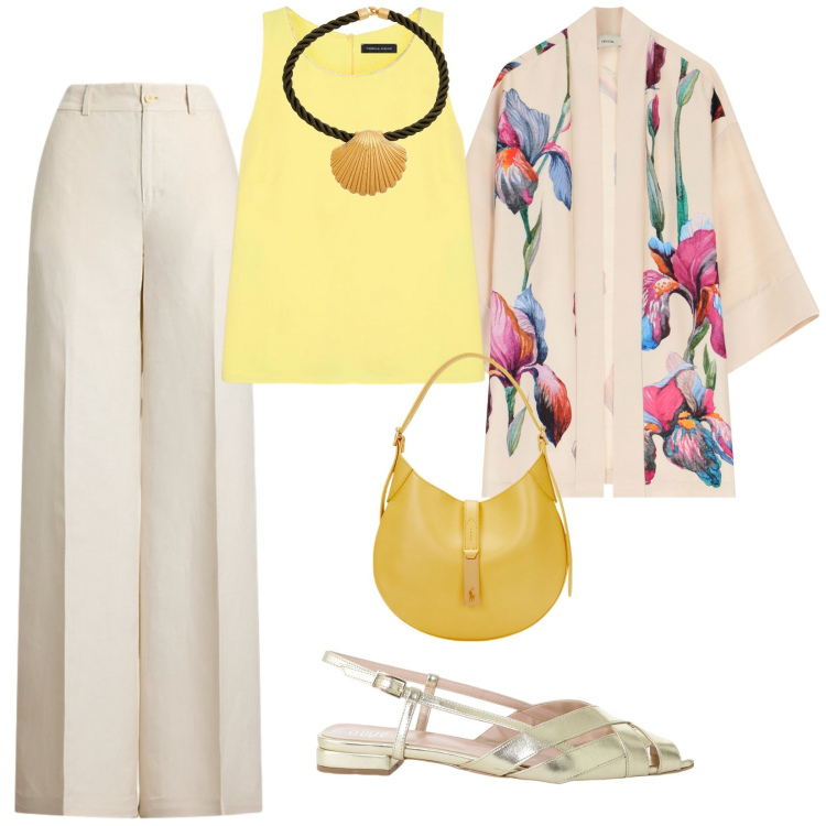 Outfit donna - Uscita con amici. per Serata fuori. Abbinamento con collane, cappotti, sandali, pantaloni, borse a spalla, top.