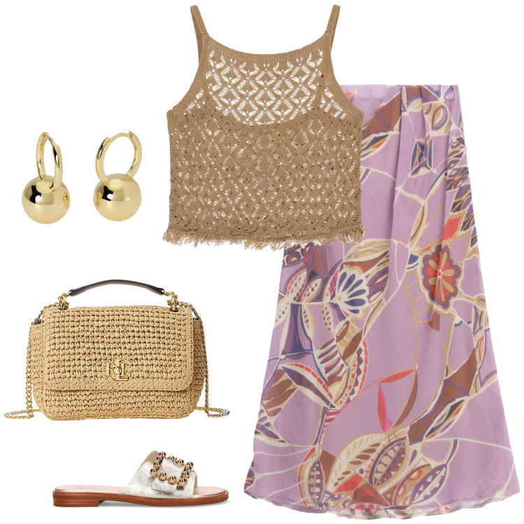 Outfit donna - Beige e fiori. Stile Boho per Tutti i giorni. Abbinamento con orecchini, gonne lunghe, top, borse a spalla, ciabatte.