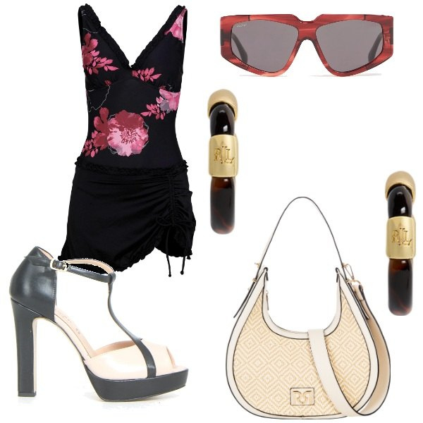 Outfit donna - L\'ultima estate. Stile Glamour per Mare. Abbinamento con vestiti da spiaggia, borse a mano, orecchini, sandali col tacco, occhiali da sole.