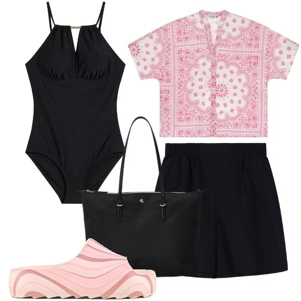 Outfit donna - Intero nero. Stile Basic per Mare. Abbinamento con costumi interi, camicie a manica corta, shorts, borse tote, ciabatte.