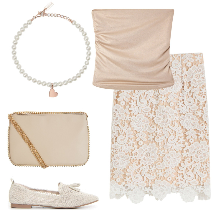 Outfit donna - Pizzo. Stile Bon Ton per Tutti i giorni. Abbinamento con gonne, borse a tracolla, top, braccialetti, ballerine.