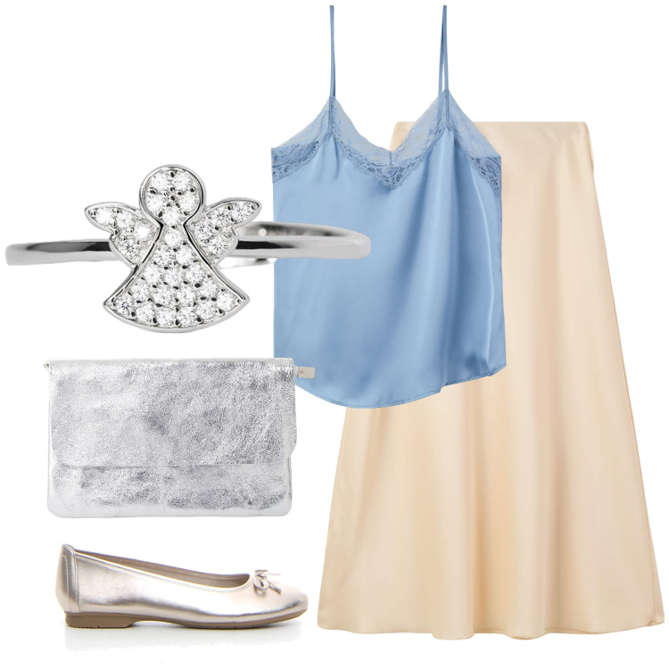 Outfit donna - Beige azzurro argento. Stile Chic per Tutti i giorni. Abbinamento con gonne lunghe, top, anelli, borse a tracolla, ballerine.