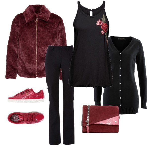Outfit donna - Il top con i fiori. Stile Basic per Tutti i giorni. Abbinamento con pantaloni, top con ricamo, maglieria, cappotti, sneakers, borsa a tracolla effetto scamosciato con zip in denim con tasca interna.