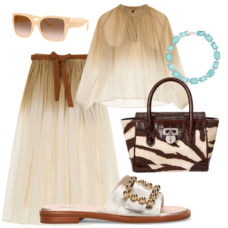 Outfit donna - Beige sfumato. Stile Chic per Ufficio. Abbinamento con braccialetti, gonne lunghe, camicie, occhiali da sole, borse a mano, ciabatte.