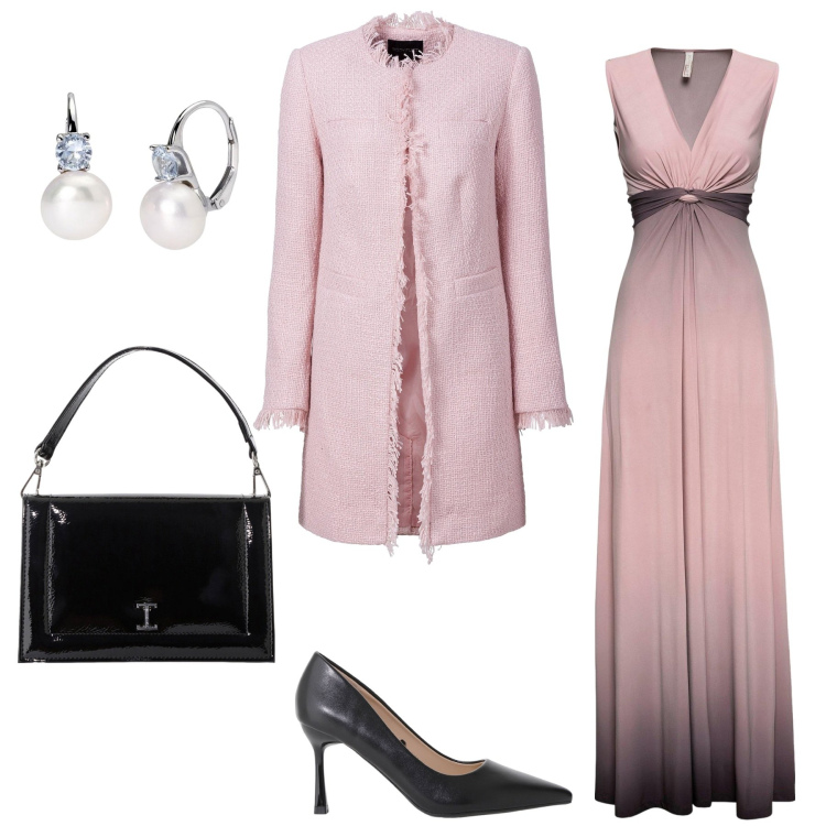 Outfit donna - Cerimonia di sera. Stile Chic per Cerimonia. Abbinamento con blazer, vestiti, orecchini, décolleté, borse a tracolla.