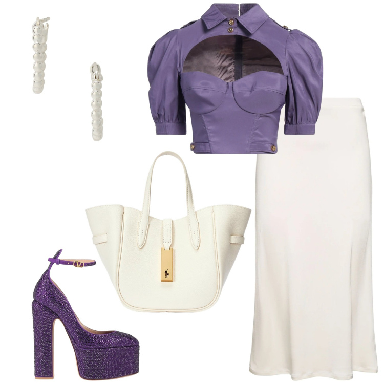 Outfit donna - Glamour viola e bianco. Stile Glamour per Serata fuori. Abbinamento con top, décolleté, orecchini, borse tote, gonne longuette.