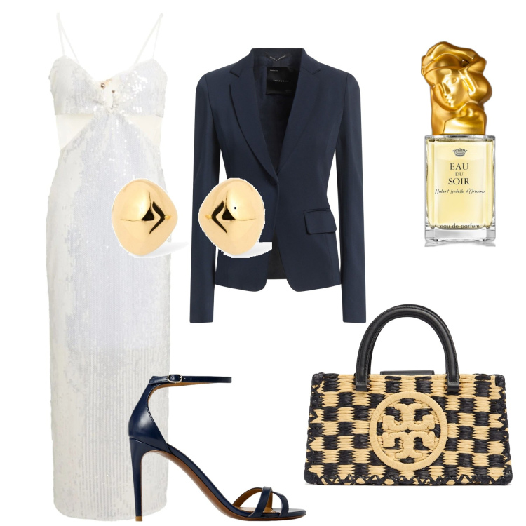 Outfit donna - Patrizia Pepe glamour. Stile Glamour per Serata fuori. Abbinamento con vestiti midi/longuette, blazer, profumi, sandali col tacco, borse a mano, orecchini.