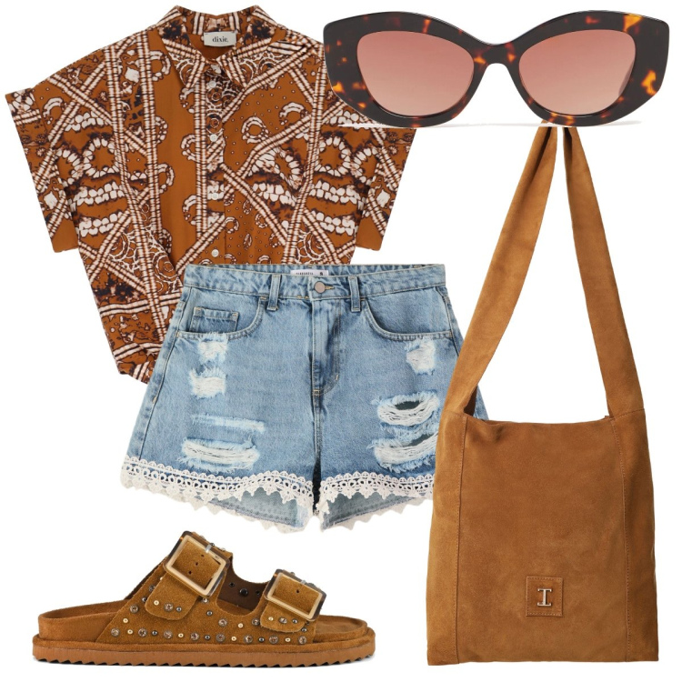 Outfit donna - In riva al mare. Stile Trendy per Mare. Abbinamento con shorts, borse a tracolla, camicie a manica corta, sandali, occhiali da sole.