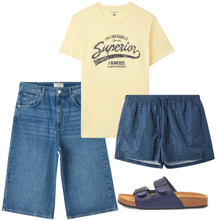 Outfit uomo - Mare. Stile Casual per Mare. Abbinamento con pantaloni corti, t-shirt, costumi, sandali.