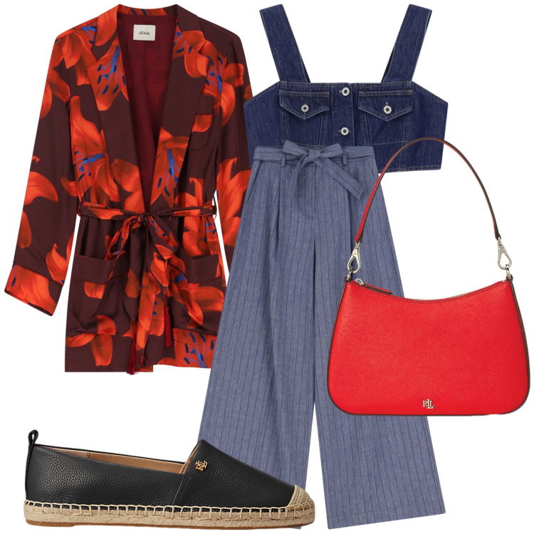 Outfit donna - Ufficio Japan style. Stile Etnico per Ufficio. Abbinamento con top, pantaloni, blazer, borse a spalla, espadrillas.
