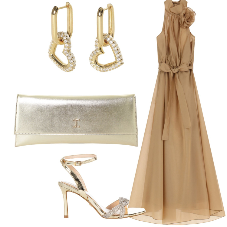 Outfit donna - Romanticissima. Stile Romantica per Cerimonia. Abbinamento con pochette, vestiti lunghi, orecchini, sandali col tacco.