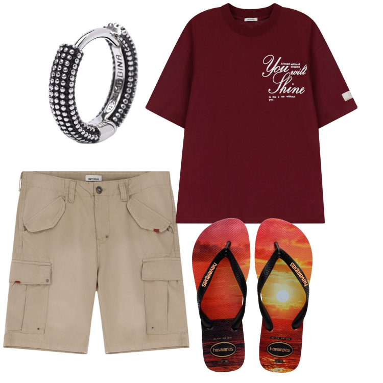 Outfit uomo - Luglio. Stile Casual per Tutti i giorni. Abbinamento con orecchini, t-shirt, bermuda, sandali.