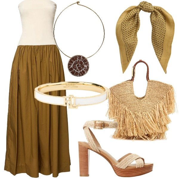 Outfit donna - A cena fuori. Stile Casual chic per Serata fuori. Abbinamento con collane, foulard, sandali, braccialetti, borse tote, vestiti.