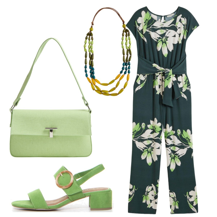 Outfit donna - Il verde trionfa. Stile Chic per Tutti i giorni. Abbinamento con tute, borse a spalla, collane, sandali col tacco.