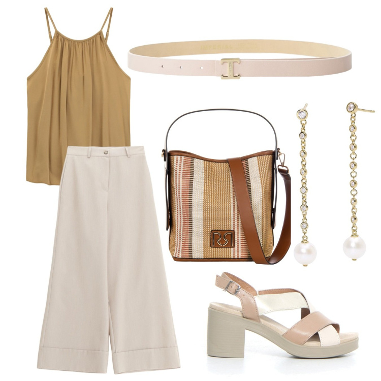 Outfit donna - Quotidiano naturale. Stile Casual chic per Ufficio. Abbinamento con orecchini, borse a secchiello, cinture, pantaloni a palazzo, top, sandali col tacco.