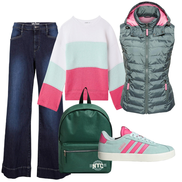 Outfit donna - In montagna. Stile Casual per Tutti i giorni. Abbinamento con jeans, gilet, maglieria, zaini, sneakers.
