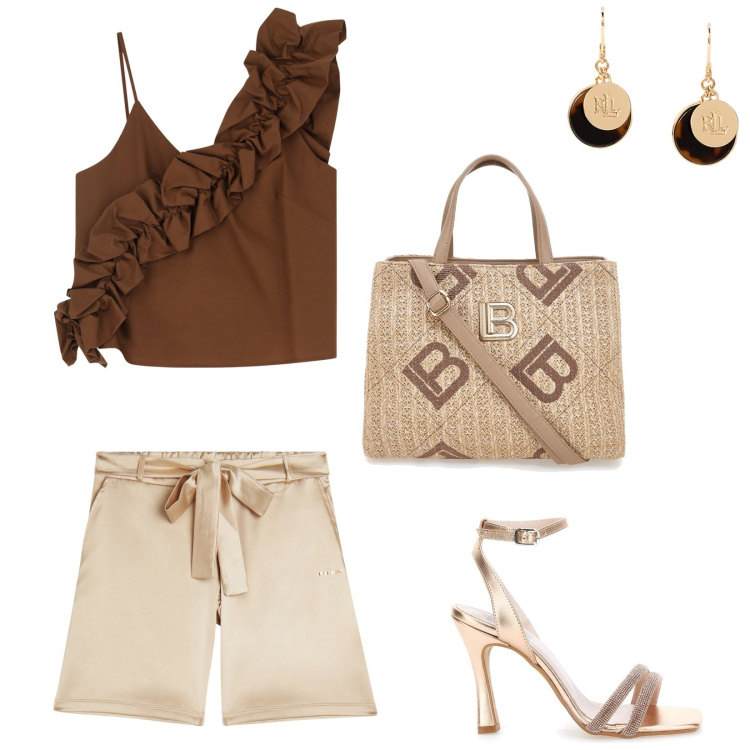 Outfit donna - Bermuda in raso per una serata speciale. Stile Glamour per Serata fuori. Abbinamento con top, shorts, orecchini, sandali col tacco, borse a tracolla.