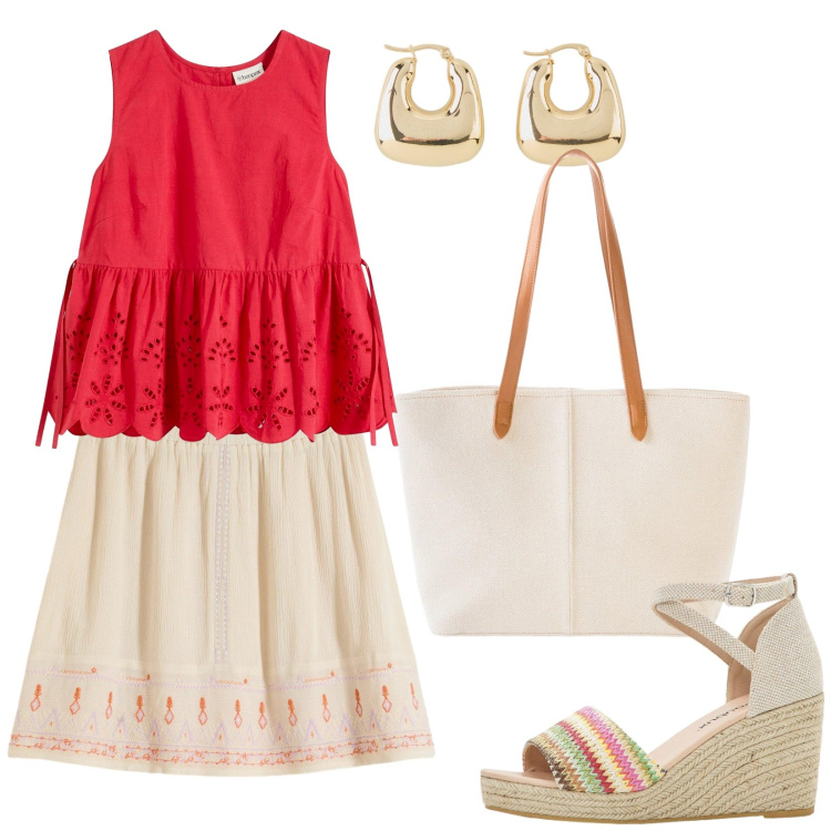 Outfit donna - Rosso succoso. Stile Boho per Tutti i giorni. Abbinamento con top, minigonne, orecchini, sandali, shopping bag.