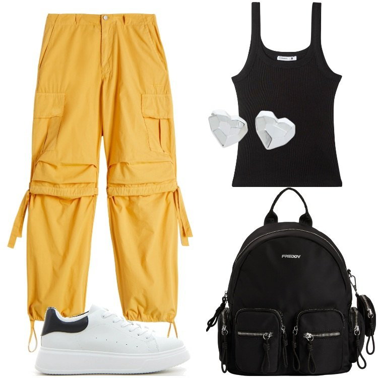 Outfit donna - Total look #2196463. Stile Urban per Tutti i giorni. Abbinamento con canottiere, orecchini, pantaloni cargo, zaini, sneakers.