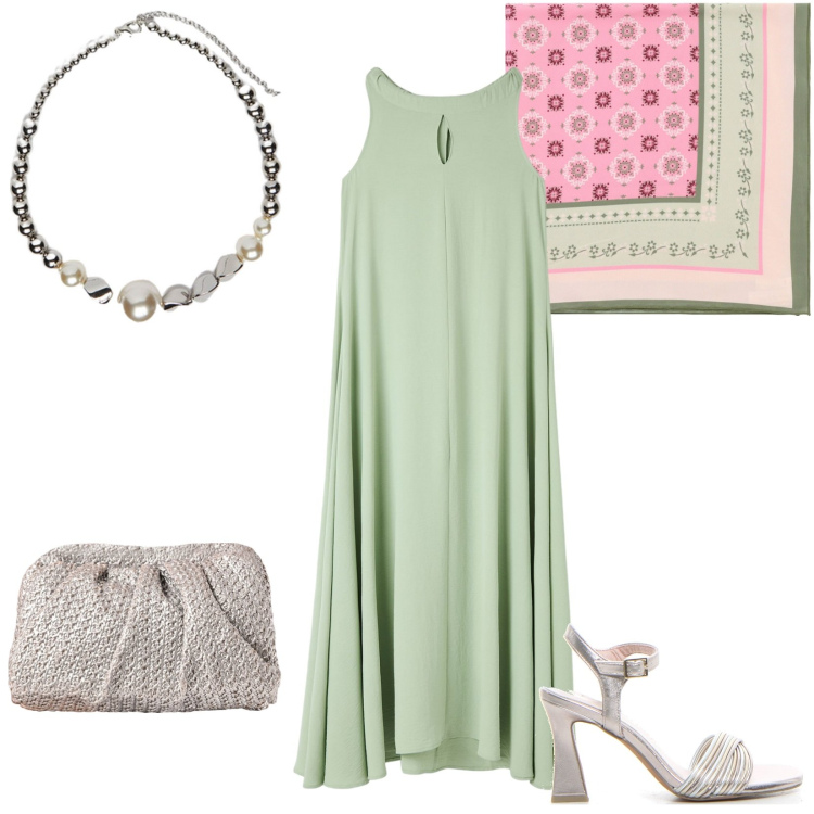 Outfit donna - Bantoa Summer Sales. Stile Bon Ton per Serata fuori. Abbinamento con vestiti senza maniche, clutch, foulard, collane, sandali col tacco.