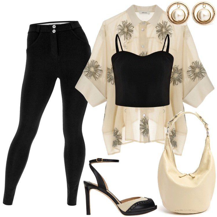 Outfit donna - Total look #2196468. Stile Vintage retrò per Serata fuori. Abbinamento con top, pantaloni skinny, camicie, sandali in pelle, borse a spalla, orecchini.