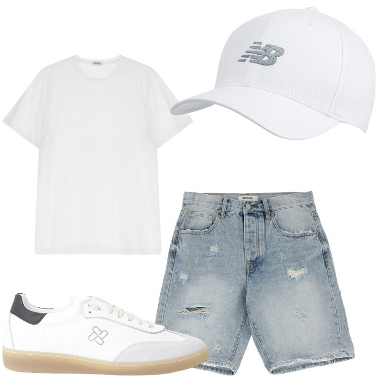 Outfit uomo - Basic. Stile Casual per Tutti i giorni. Abbinamento con cappelli con visiera, sneakers, bermuda, t-shirt.