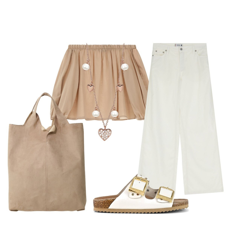 Outfit donna - Saldi Please. Stile Boho per Tutti i giorni. Abbinamento con collane, camicie, pantaloni a palazzo, shopping bag, sandali.