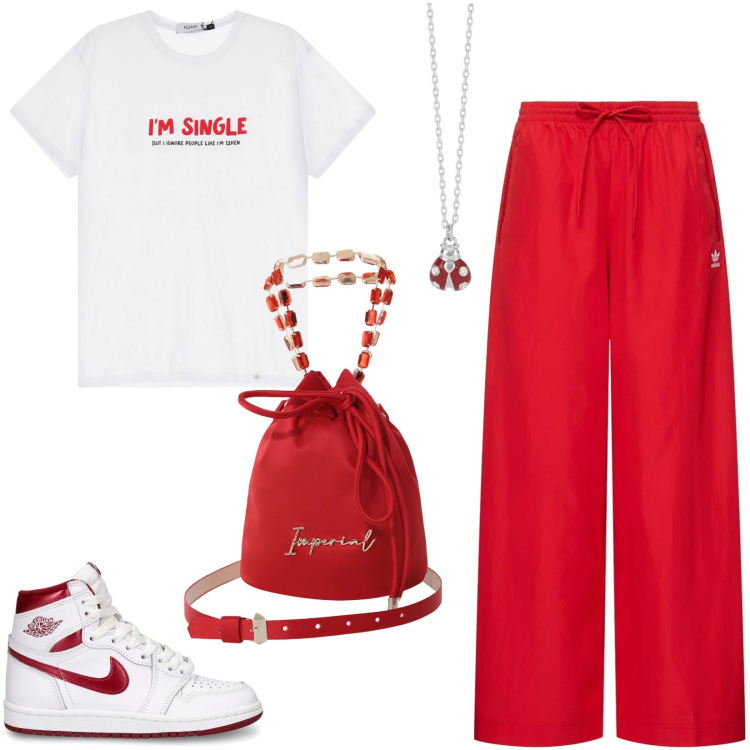 Outfit donna - Bantoa Summer Sales. Stile Urban per Tutti i giorni. Abbinamento con collane, t-shirt, borse a secchiello, pantaloni, sneakers.