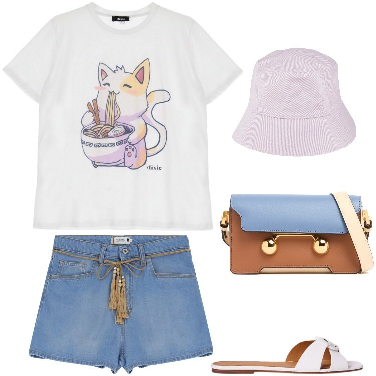 Outfit donna - Total look #2196479. Stile Boho per Mare. Abbinamento con cappelli, shorts, t-shirt, sandali in pelle, borse a spalla.