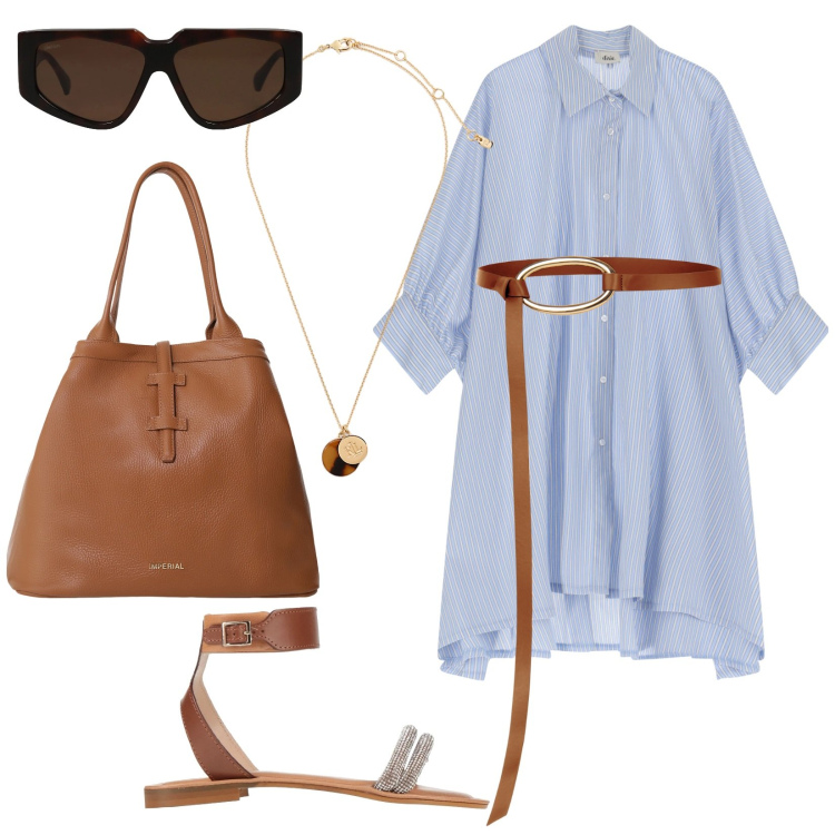 Outfit donna - I sandali da città. Stile Minimal per Tutti i giorni. Abbinamento con sandali in pelle, occhiali da sole, cinture, borse tote, vestiti, collane.
