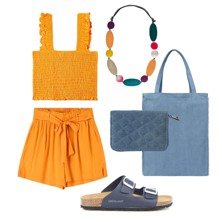 Outfit donna - Arancio al mare. Stile Casual per Tutti i giorni. Abbinamento con shorts, top, borse tote, portafogli, collane, ciabatte.