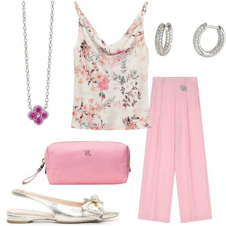 Outfit donna - Imperial - Summer Sale SS25. Stile Romantica per Serata fuori. Abbinamento con orecchini, collane, canottiere, pantaloni, pochette, sandali in pelle.