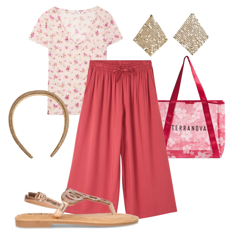 Outfit donna - Rosso india e fiorellini. Stile Trendy per Tutti i giorni. Abbinamento con shopping bag, t-shirt, pantaloni a palazzo, cerchietti, orecchini, sandali in pelle.