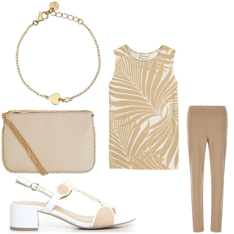 Outfit donna - Passeggiata tra amiche. Stile Chic per Serata fuori. Abbinamento con top, borse a tracolla, braccialetti, pantaloni, sandali col tacco.