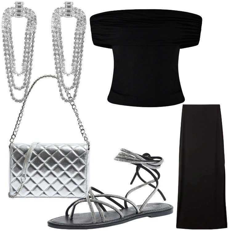 Outfit donna - Argento. Stile Chic per Serata fuori. Abbinamento con gonne lunghe, sandali alla schiava, orecchini, borse a tracolla, top.