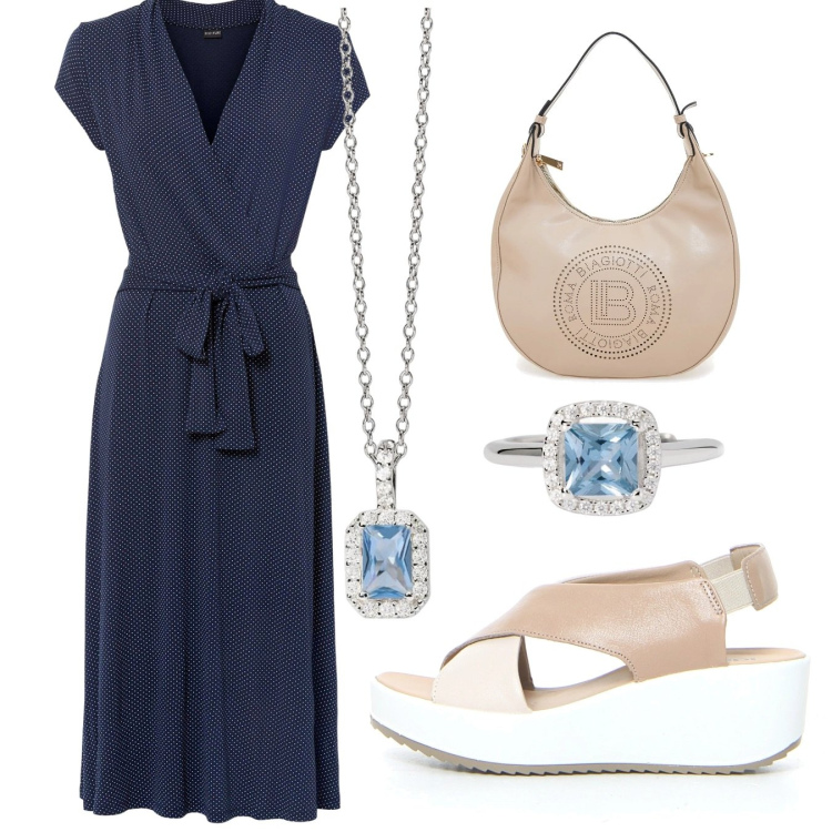 Outfit donna - Vestito lungo. Stile Casual per Tutti i giorni. Abbinamento con vestiti midi/longuette, anelli, ciondoli, borse a spalla, sandali.