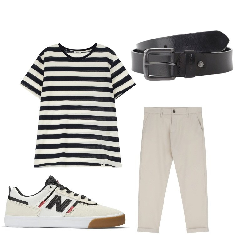 Outfit uomo - Alla marinara. Stile Casual per Tutti i giorni. Abbinamento con sneakers, t-shirt, pantaloni chino, cinture.