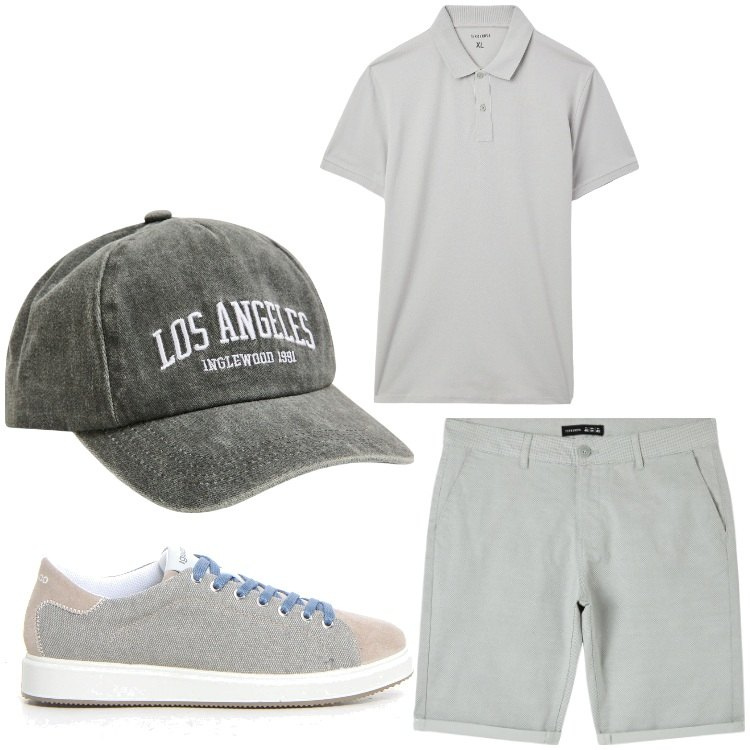 Outfit uomo - Grigio estate. Stile Casual per Tutti i giorni. Abbinamento con shorts, polo, cappelli, sneakers.
